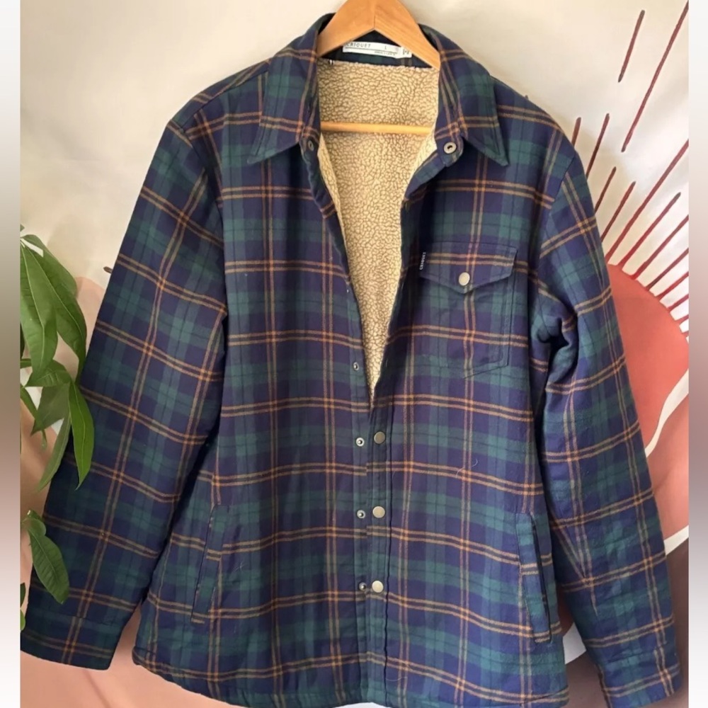 Criquet Men's Size Large L Plaid Green Blue Sherpa Lined Trucker Jacket Flannel